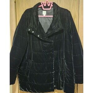 J.Jill Women's Velvet Quilted Black Puffy Coat Pockets Snap Closure,Size XL